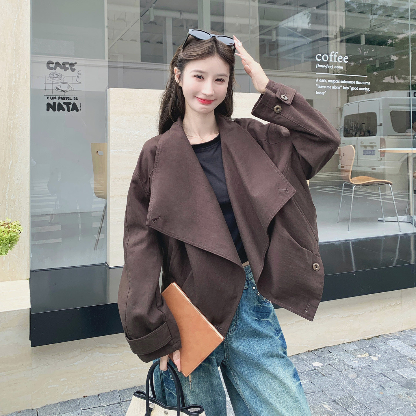 韩系大翻领短款宽松洋气女夹克
