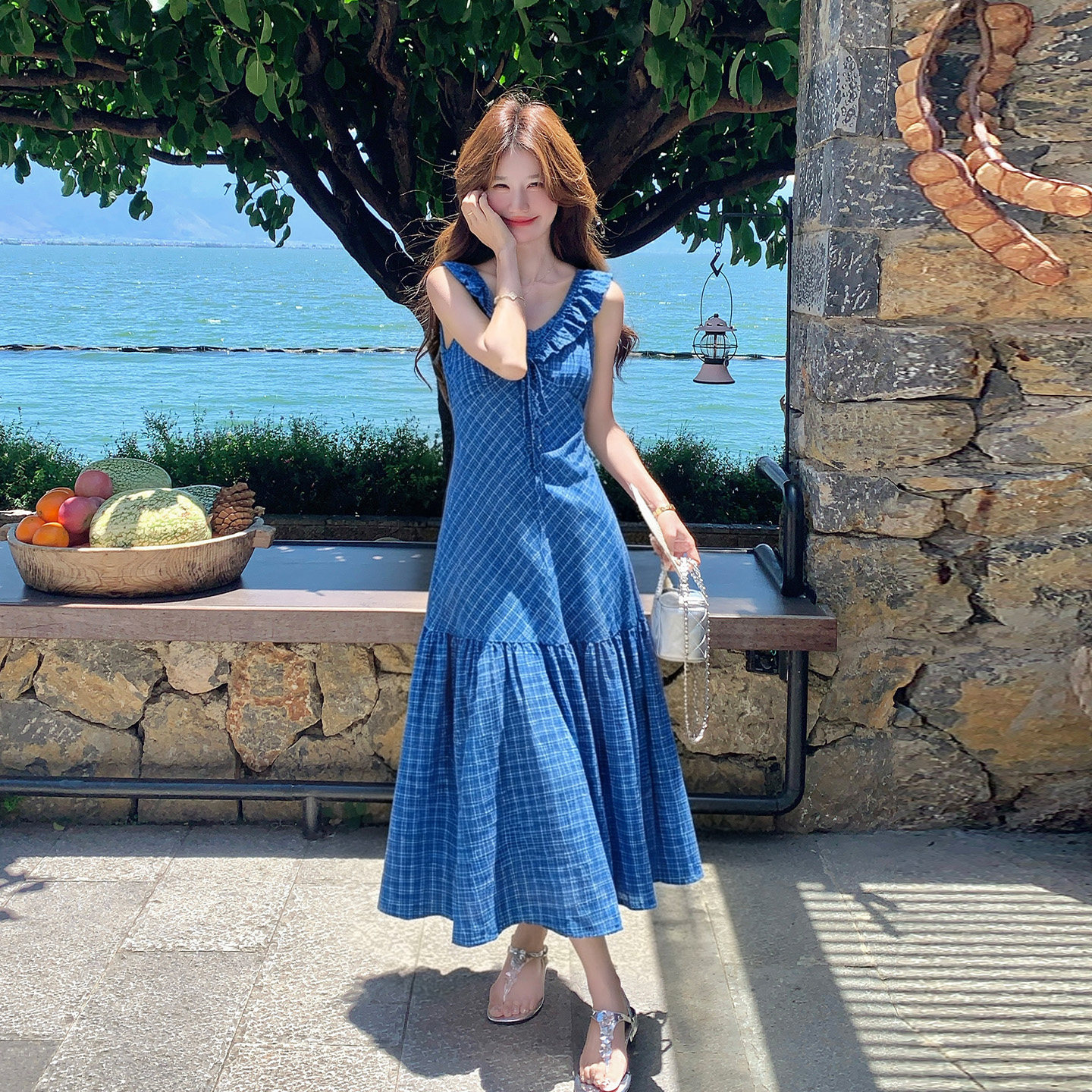 复古格纹V领连衣裙女夏小飞袖