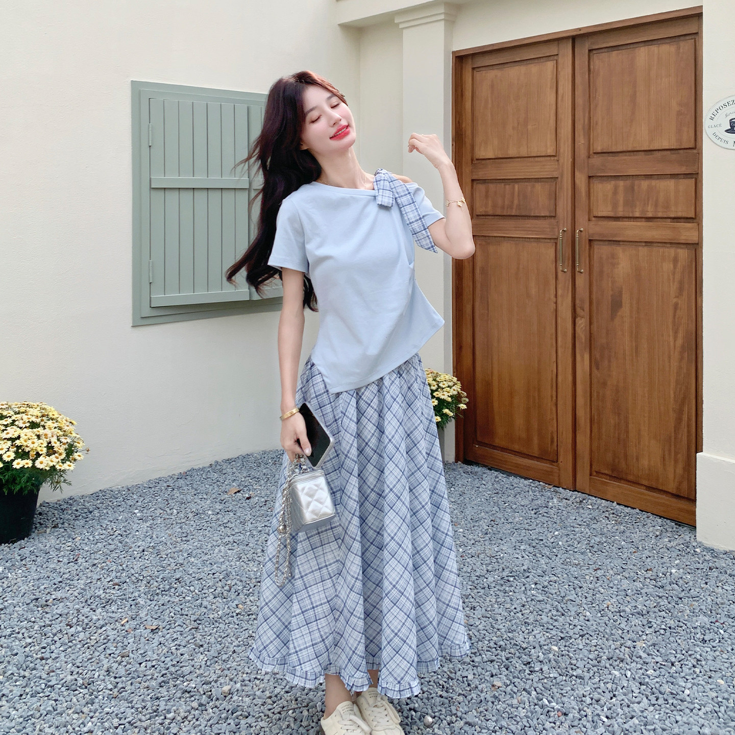 韩式甜美文艺风套装女格纹系带露肩上衣半身裙两件套2026夏日新款