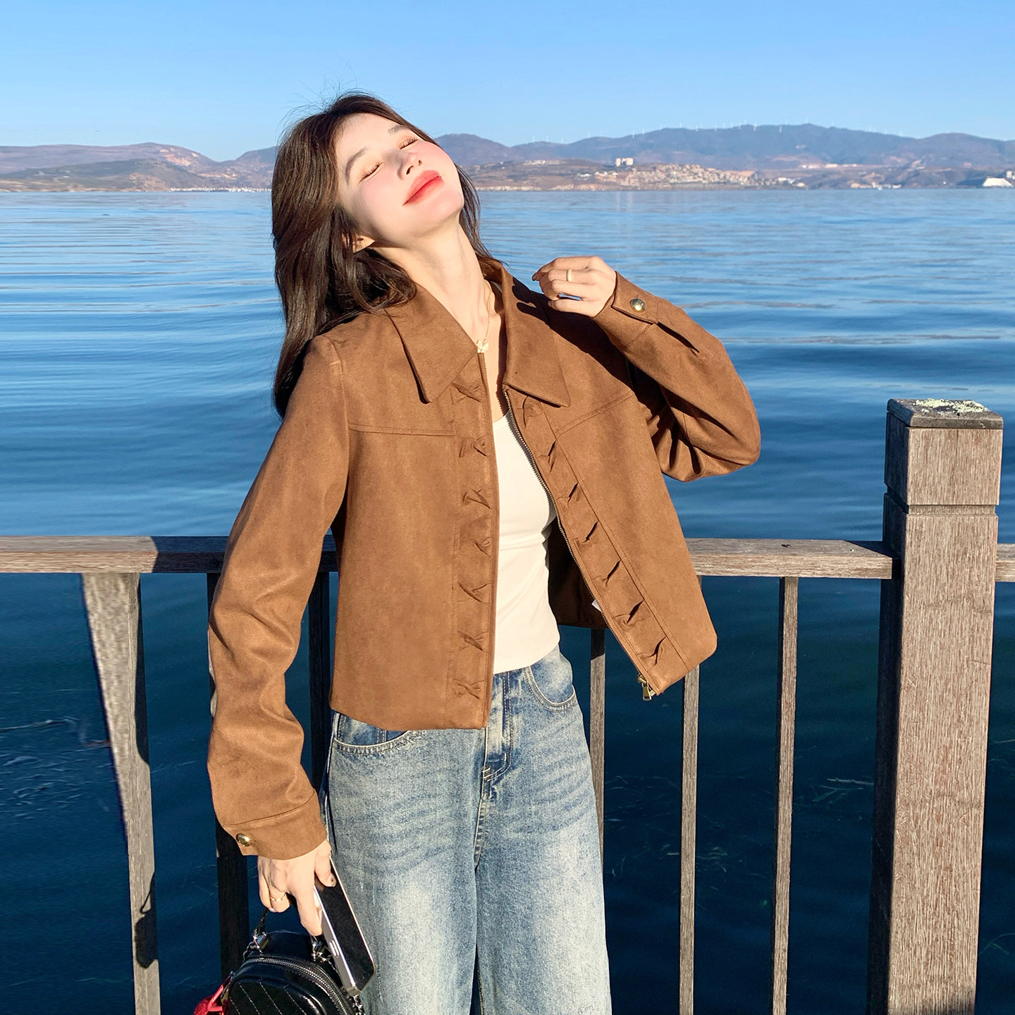 咖色美拉德复古麂皮绒短外套女2026春韩系小个子洋气时髦翻领夹克