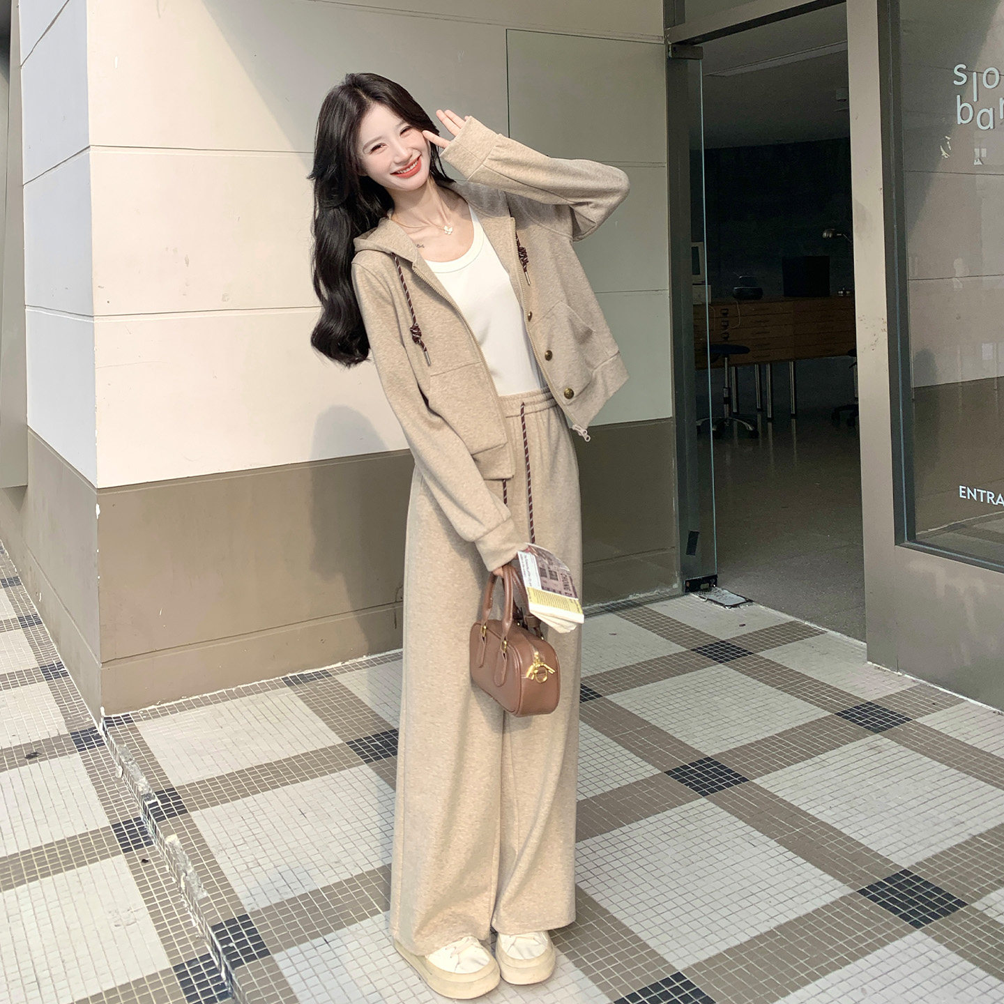 春秋女慵懒风连帽显瘦阔腿裤套装
