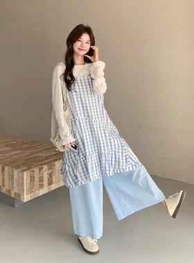 浅蓝色清纯系减龄格纹吊带套装女2026夏季新款打底衫阔腿裤三件套