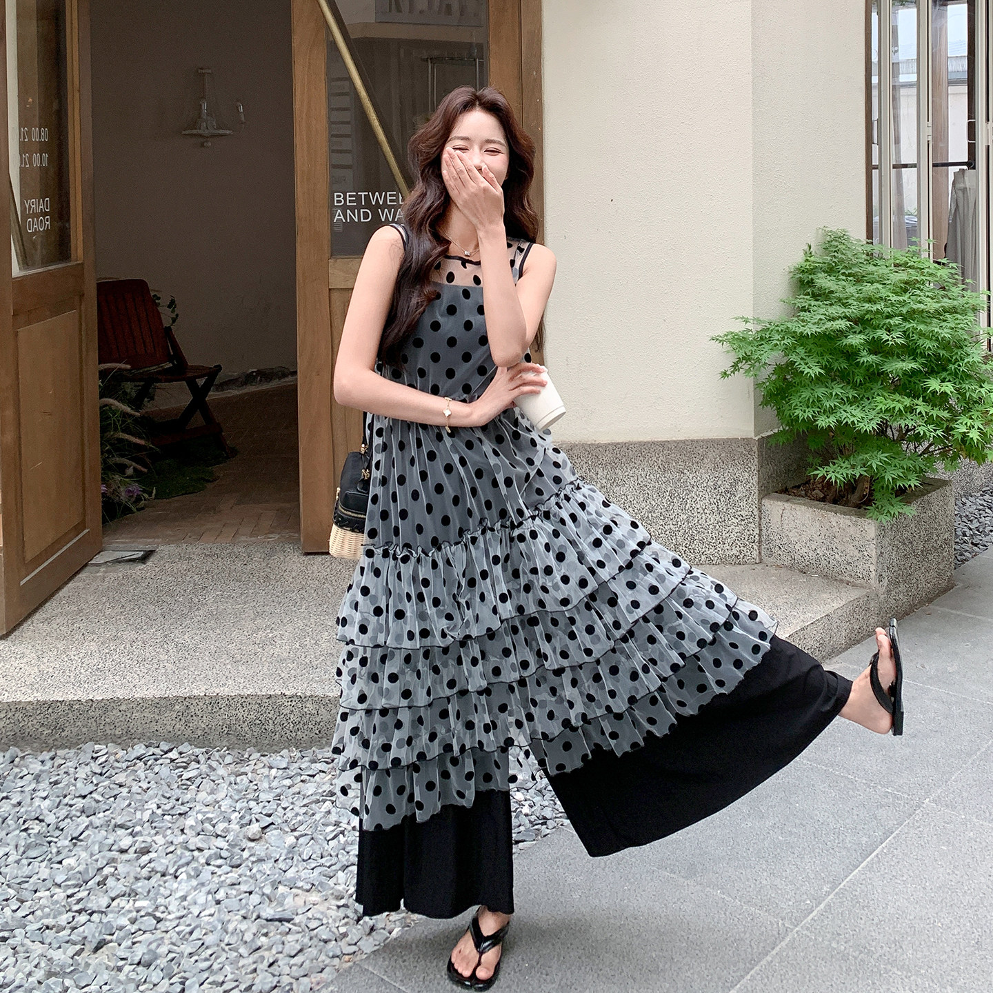 黑色复古甜美优雅风网纱波点裙套装女2026新款高腰阔腿裤两件套夏