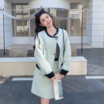 春季新款撞色拼接外套半身裙套装