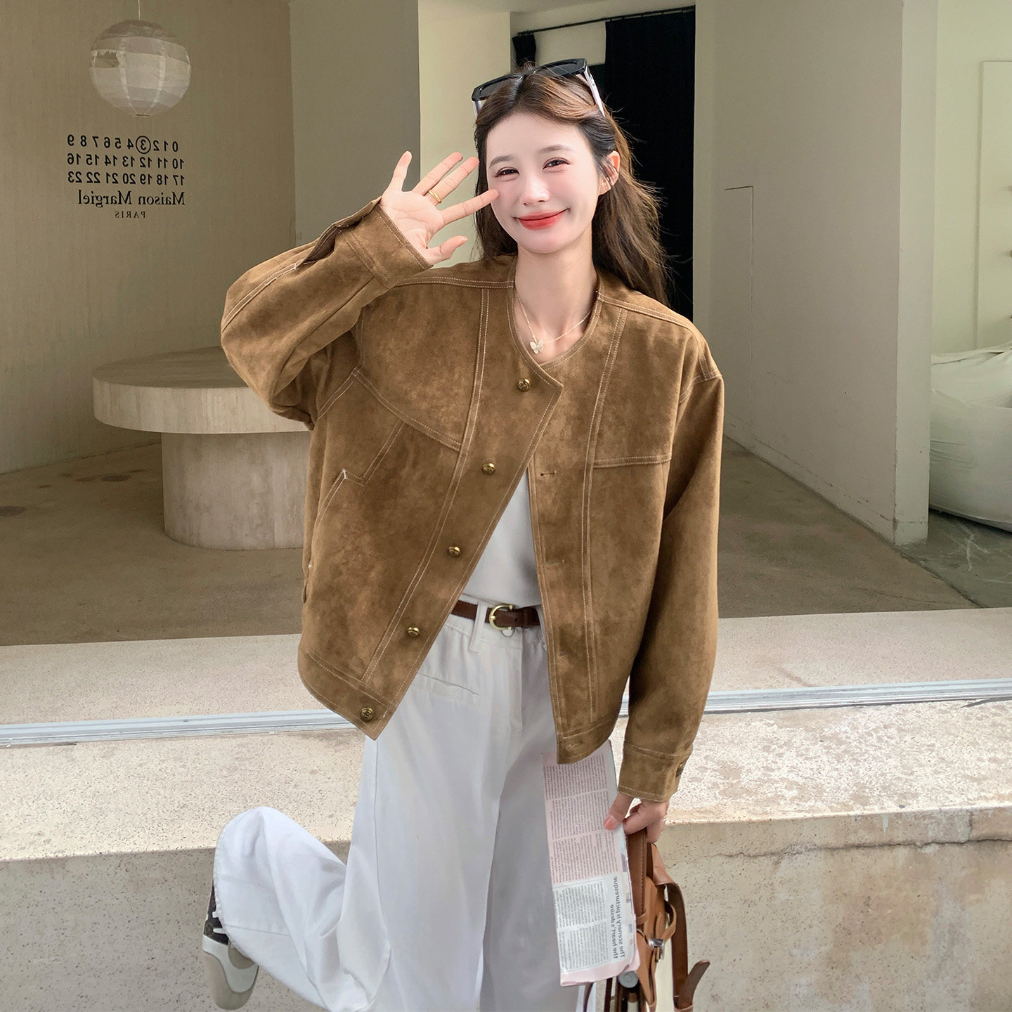 美拉德风圆领纽扣夹克小个子百搭