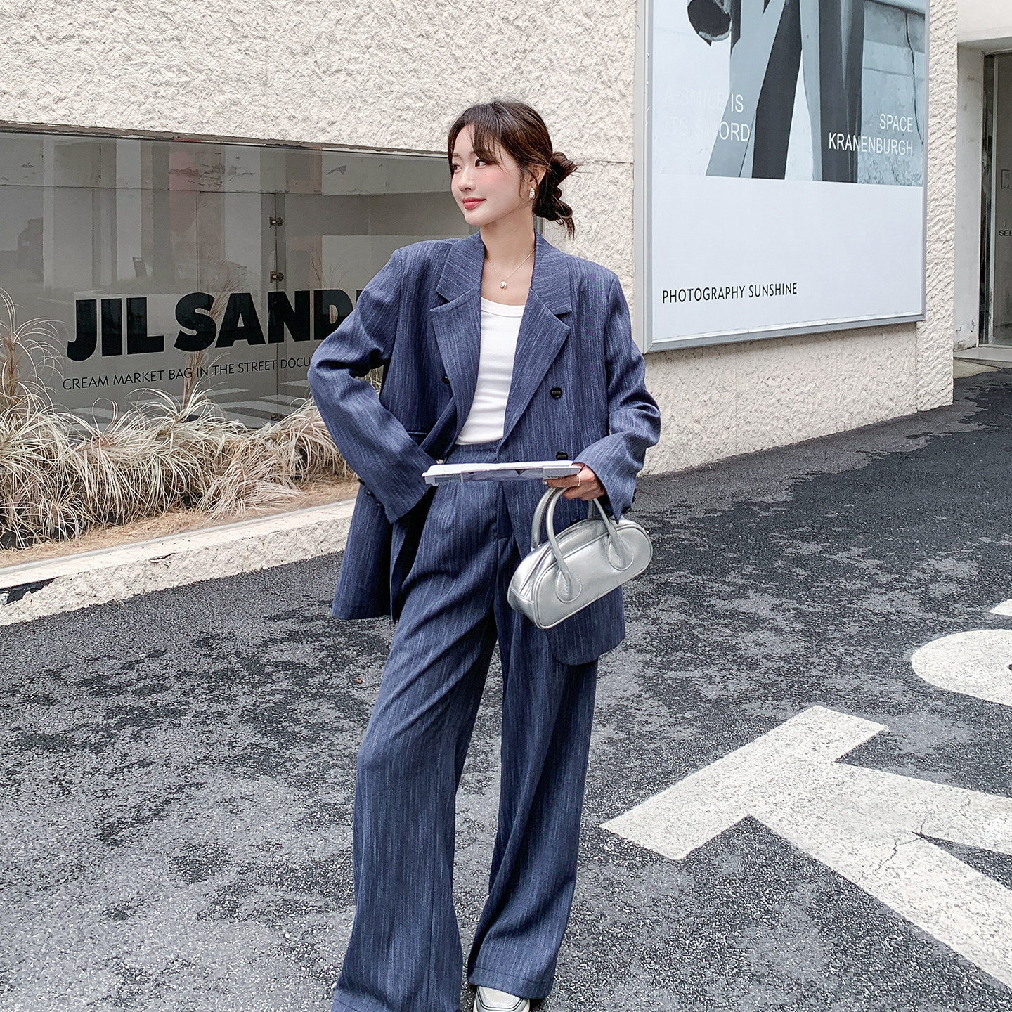 蓝色高知老钱风职业西装套装女2026春季新款上衣高腰阔腿裤两件套