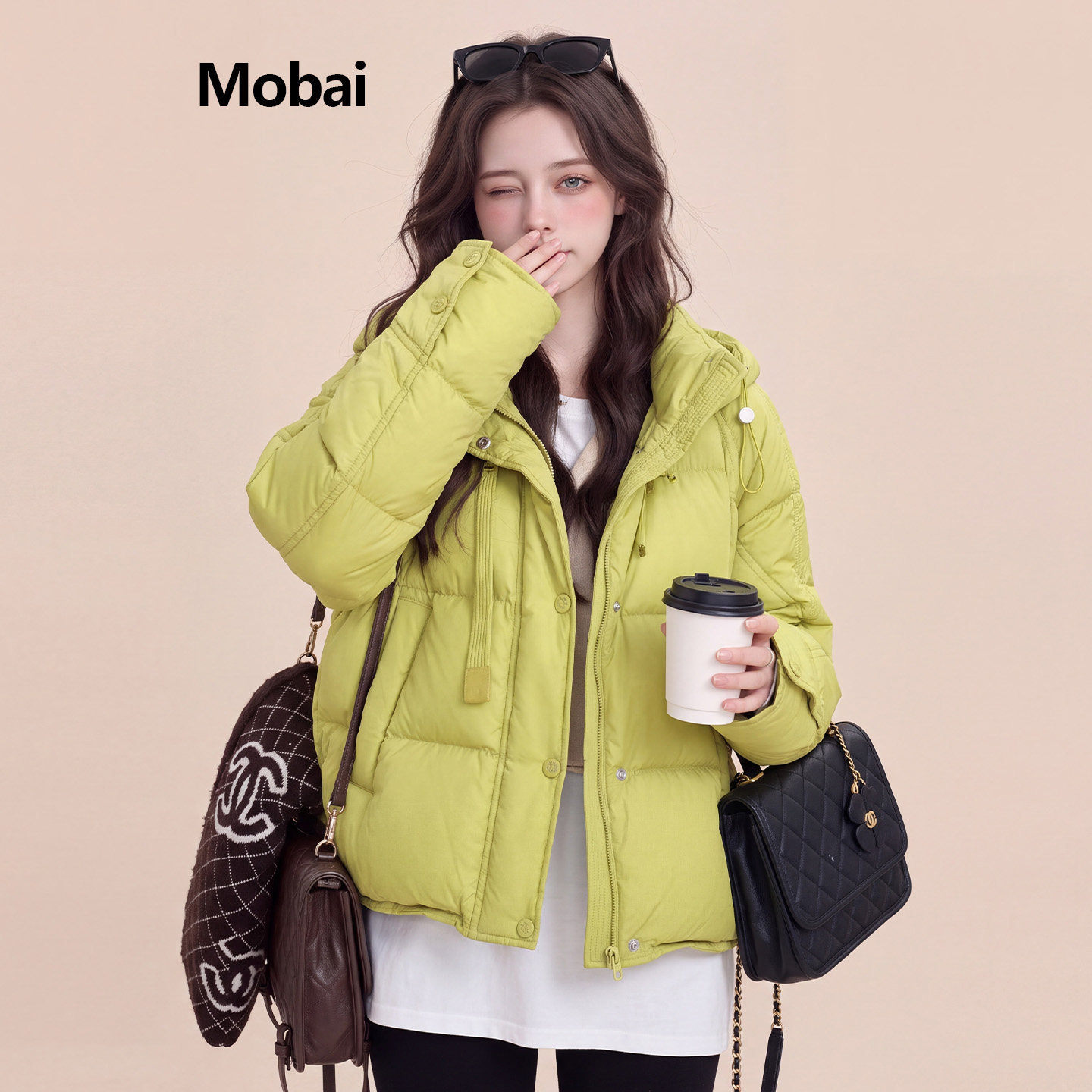 绿白鸭绒短款宽松面包服女冬