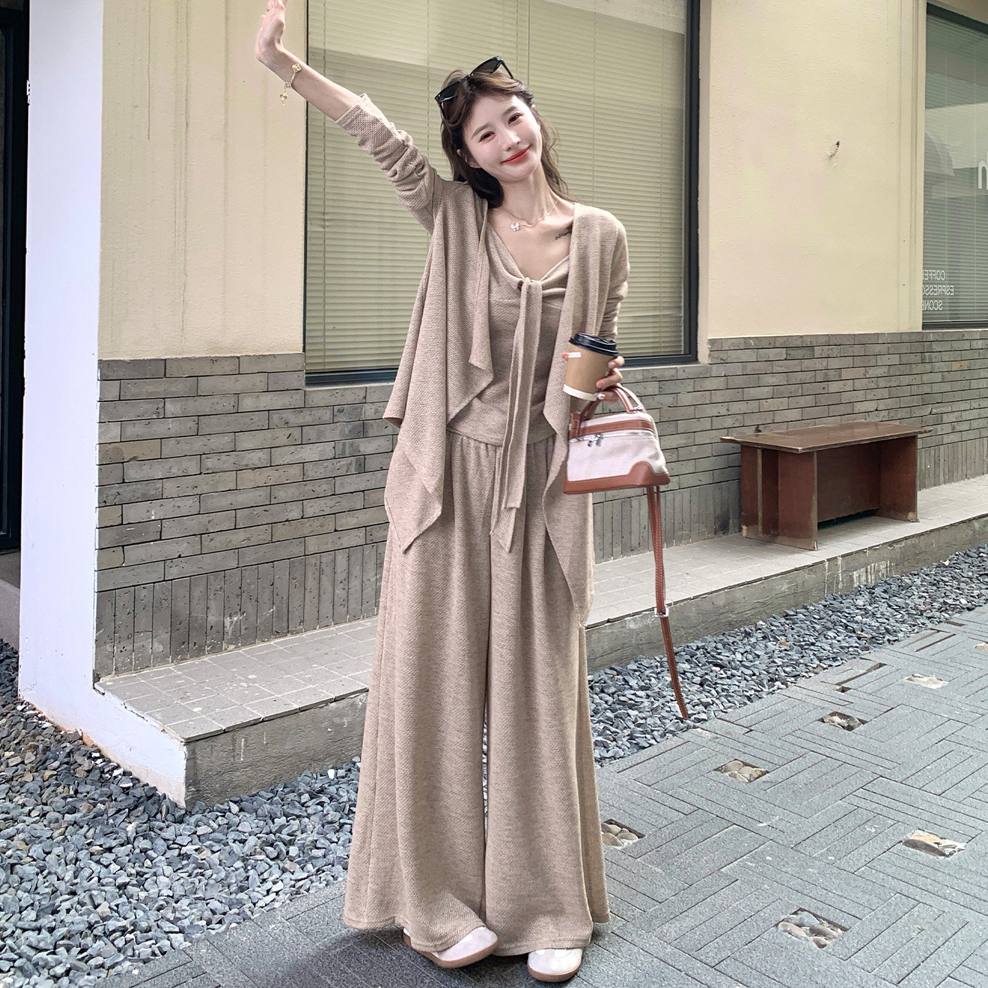 开衫背心阔腿裤三件套气质套装