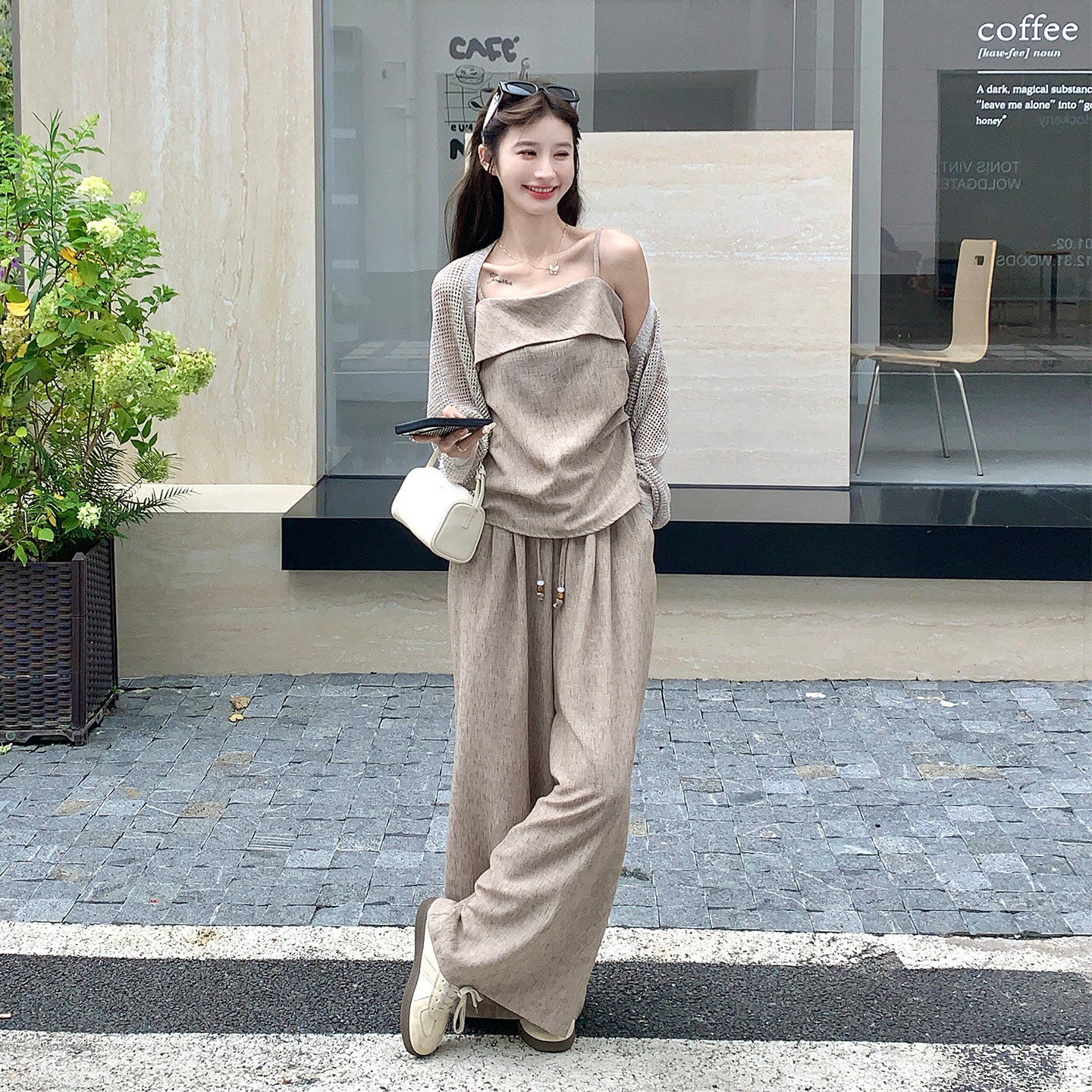 秋季女慵懒开衫吊带阔腿三件套图片