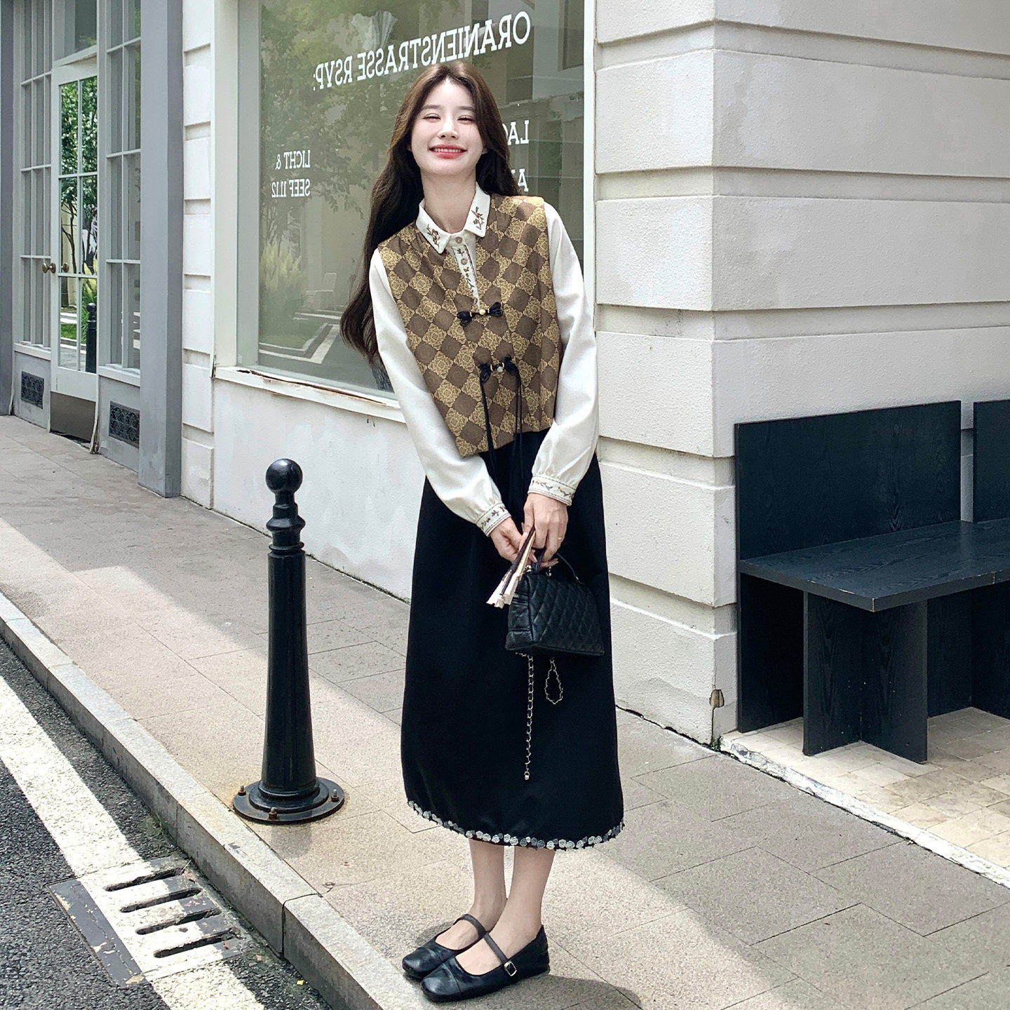 美拉德马甲衬衫半身裙套装女