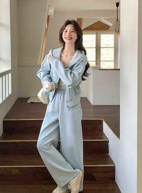 蓝色通勤百搭学院风卫衣套装女2026春季新款连帽上衣阔腿裤两件套