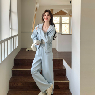 连帽上衣阔腿裤 新款 两件套 女2026春季 蓝色通勤百搭学院风卫衣套装