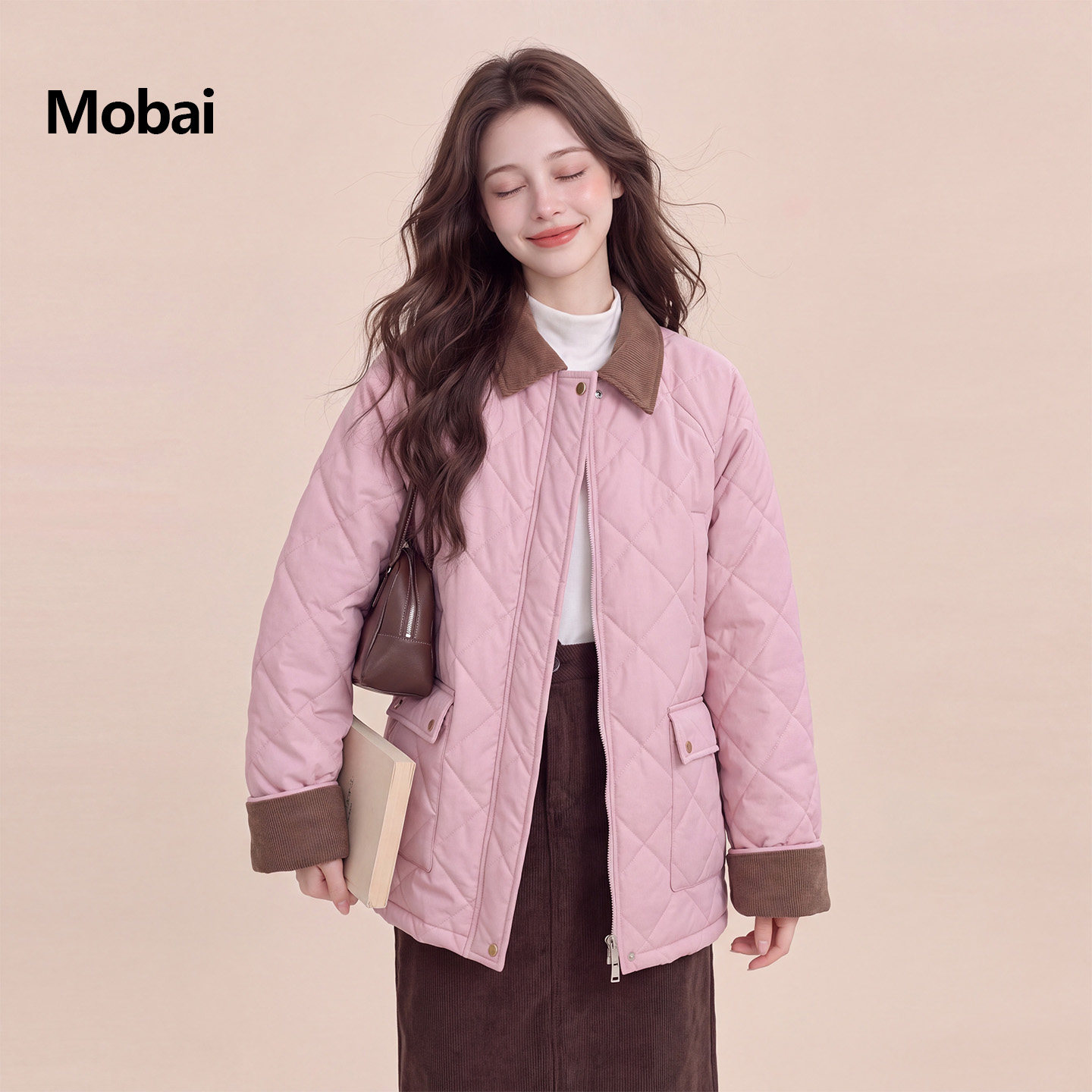 撞色翻领菱格纹女冬保暖棉服