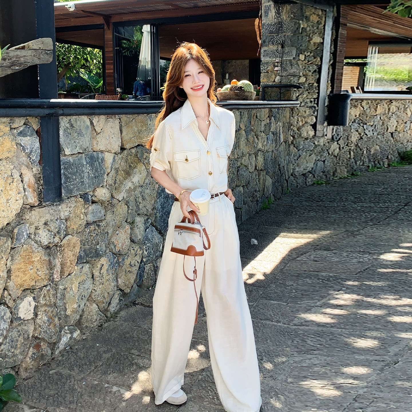 夏季女装POLO领衬衫阔腿裤套装
