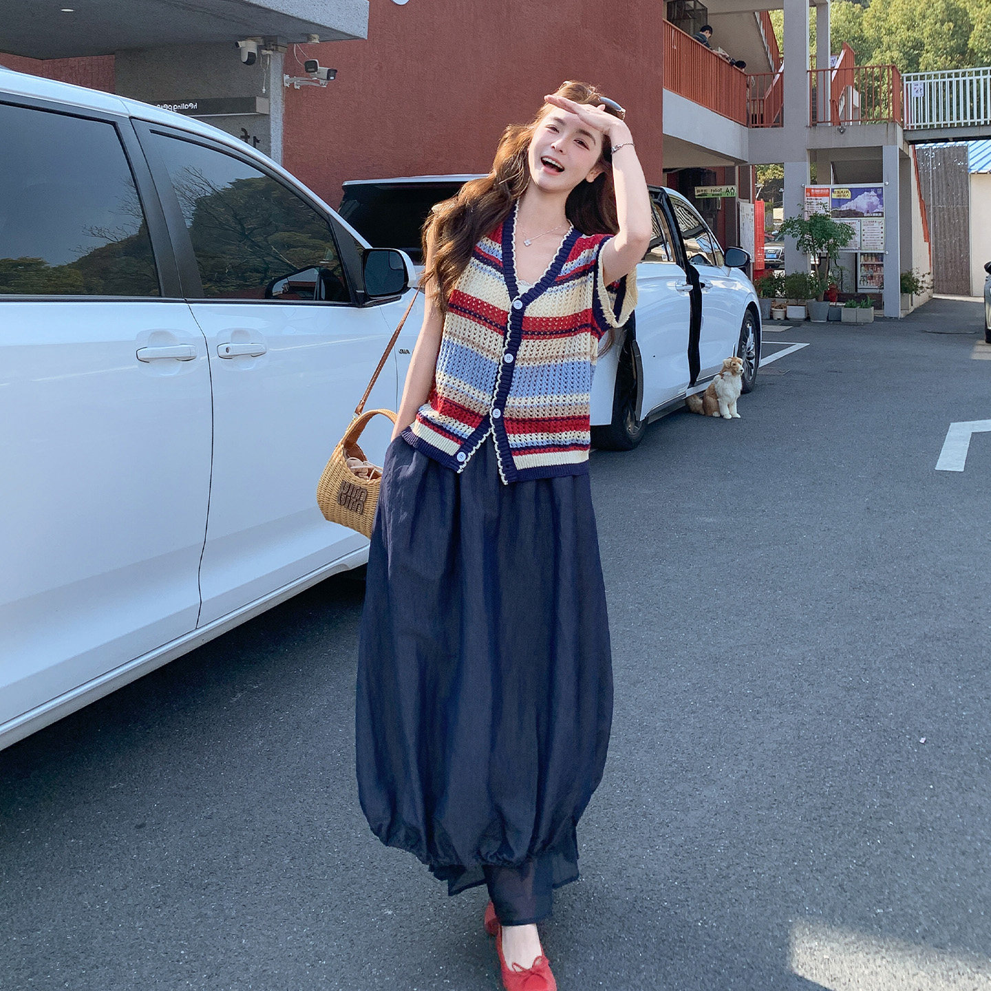 夏季甜酷设计感撞色条纹背心套装2026年新款时尚花苞半身裙两件套