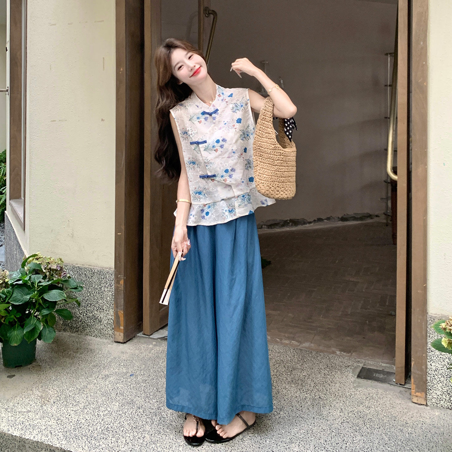 清冷禅意文艺风新中式套装女2026新款国风印花马甲阔腿裤两件套夏