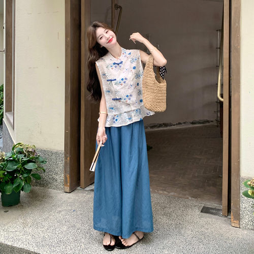 清冷禅意文艺风新中式套装女2026新款国风印花马甲阔腿裤两件套夏