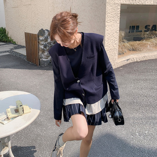 韩系设计感三件套女士2026春季新款撞色拼接西装马甲内搭短裤套装