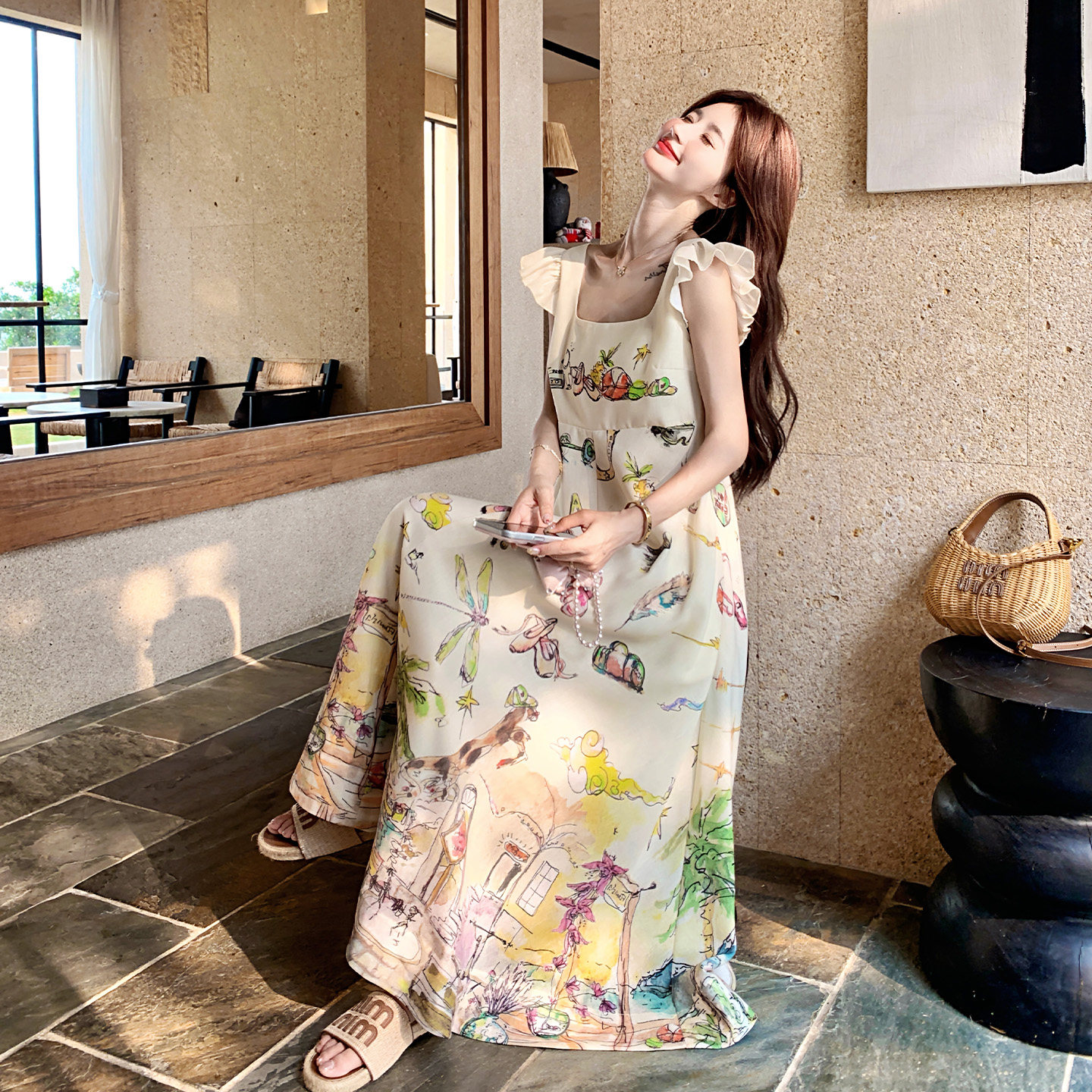 法式浪漫印花连衣裙女长裙方领