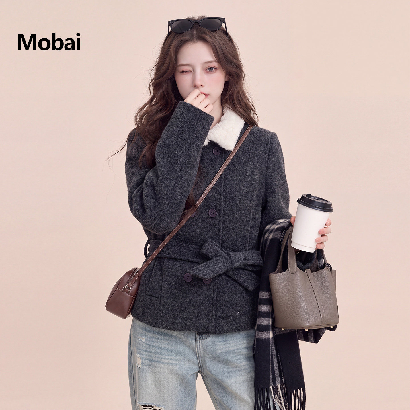 Mobai 灰色韩系高智感羽绒内胆毛呢外套女2026冬新款毛领系带上衣