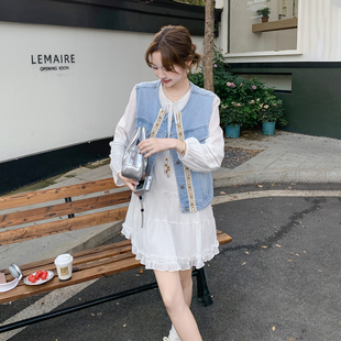 小清新复古牛仔马甲连衣裙套装女2026春季小个子减龄a字裙两件套
