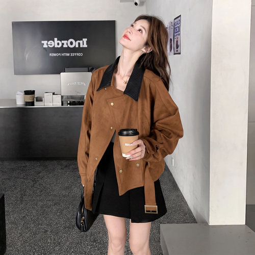 复古撞色翻短外套女小个子