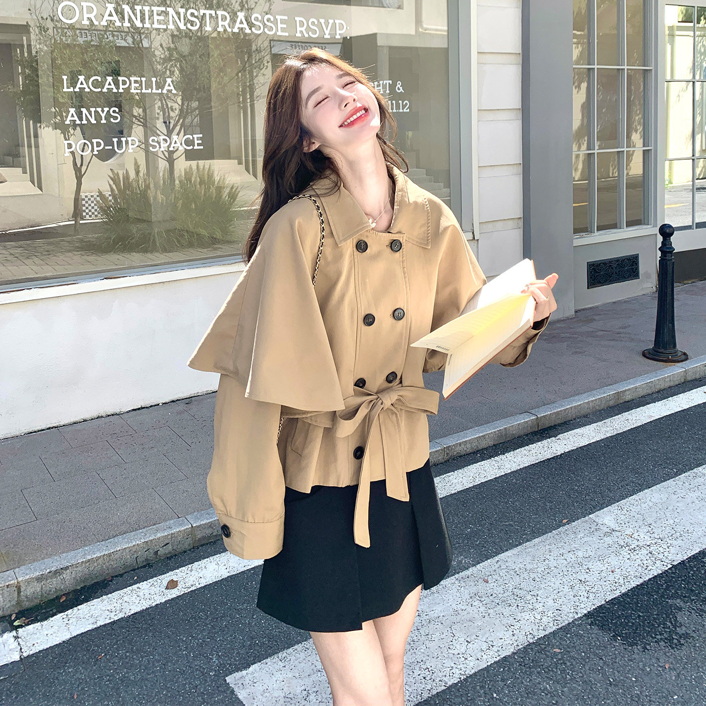 韩系双排扣斗篷风衣女小个子