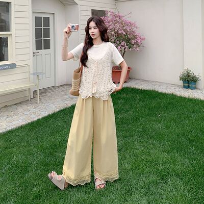 法式随性慵懒风钩花系带马甲套装夏休闲短袖阔腿裤三件套2026新款