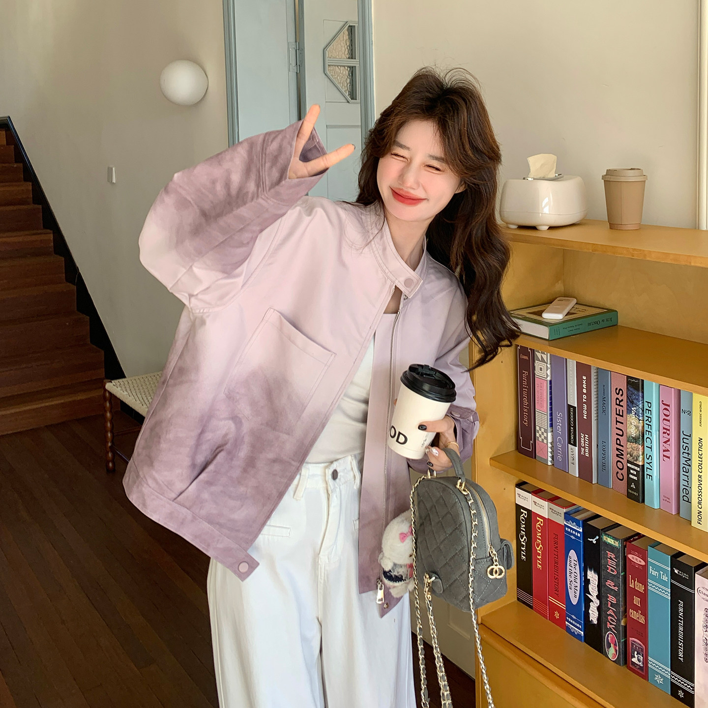 粉色韩系设计感渐变短外套女2026春季新款小个子减龄休闲立领夹克