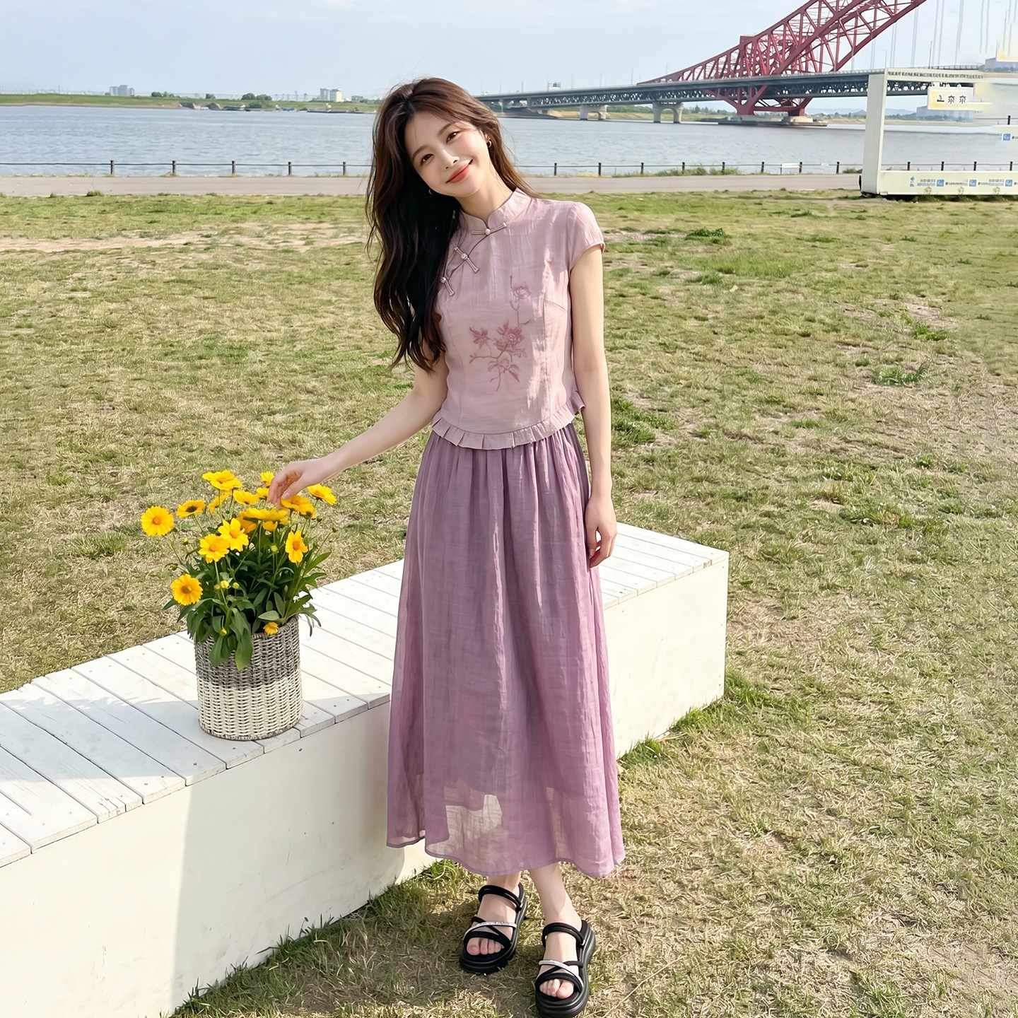 紫色复古轻奢贵气感穿搭夏日国风印花上衣半身裙两件套女2026新款