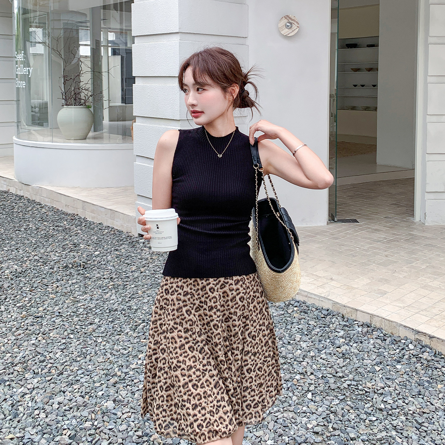 黑色性感御姐风夏日套装女2026新款针织无袖上衣豹纹半身裙两件套