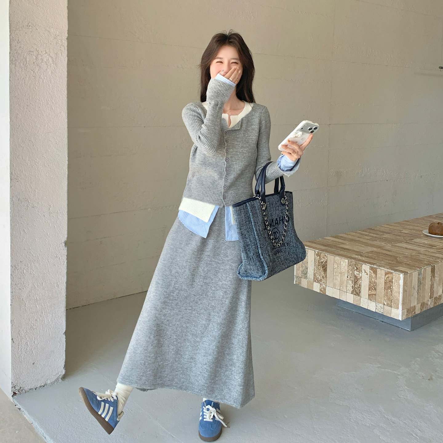 针织开衫半身裙套装女秋