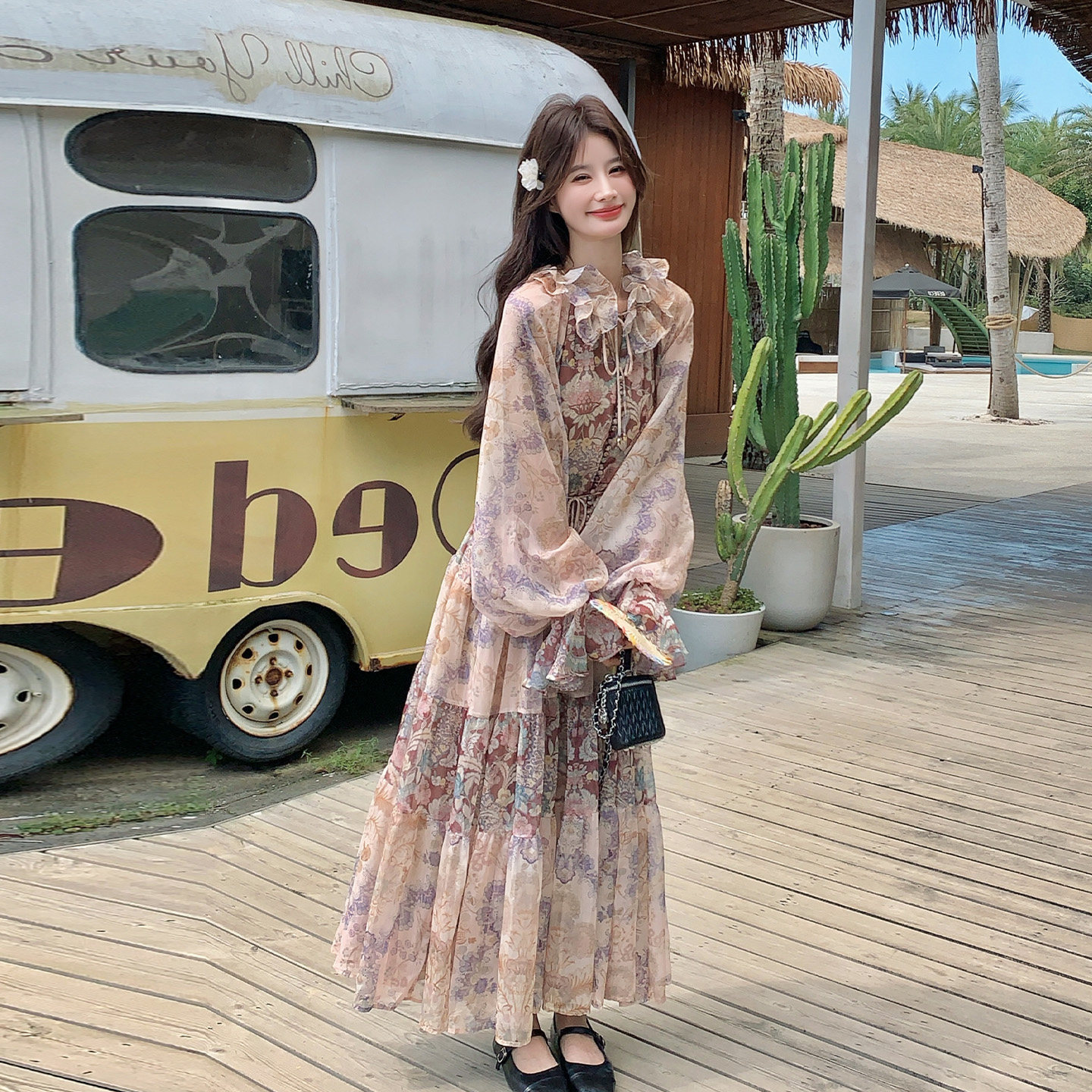 法式田园风碎花长袖连衣裙女