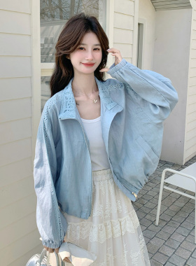 蓝色韩系风减龄设计感小个子外套女2026春季新款镂空蕾丝拼接上衣