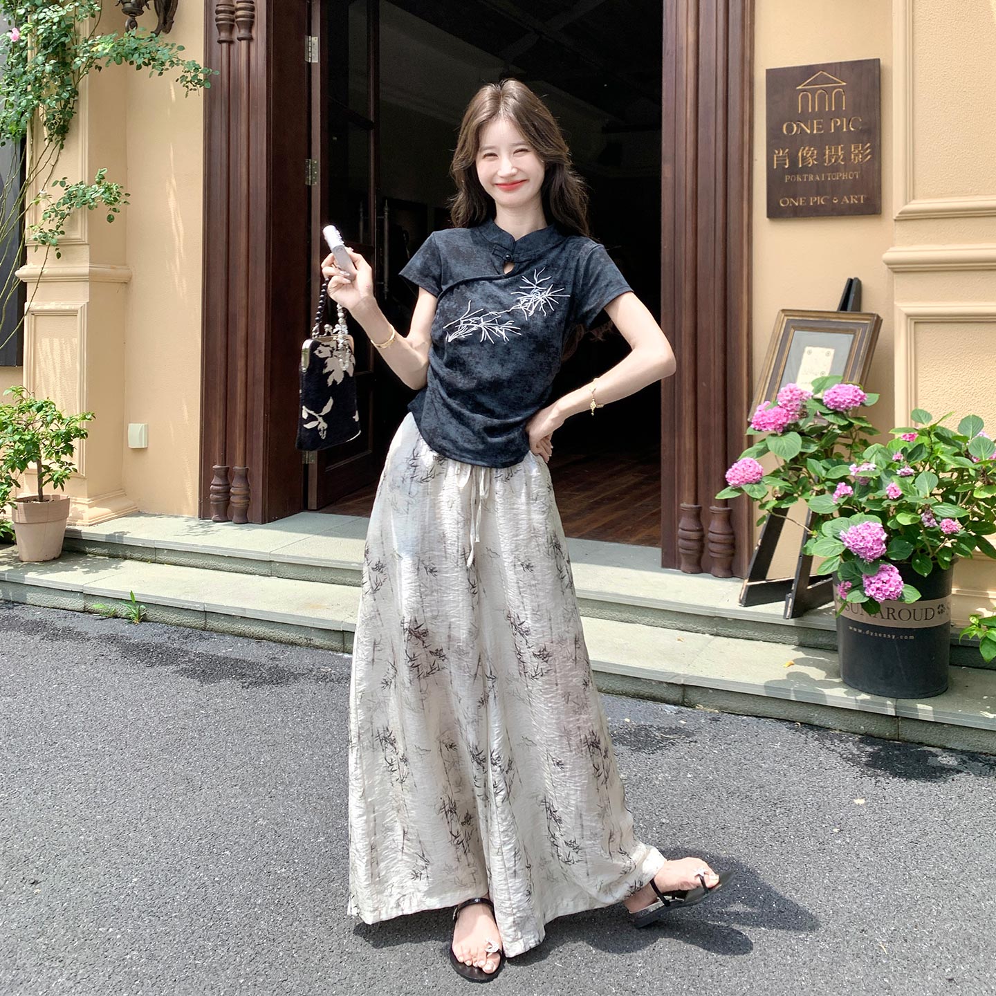 新中式复古文艺风气质套装女2026新款立领上衣印花阔腿裤两件套夏