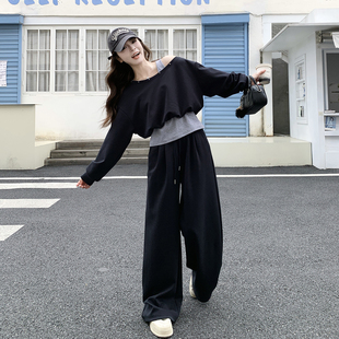 藏青色辣妹运动风套装女2026春新款撞色拼接露肩卫衣休闲裤两件套