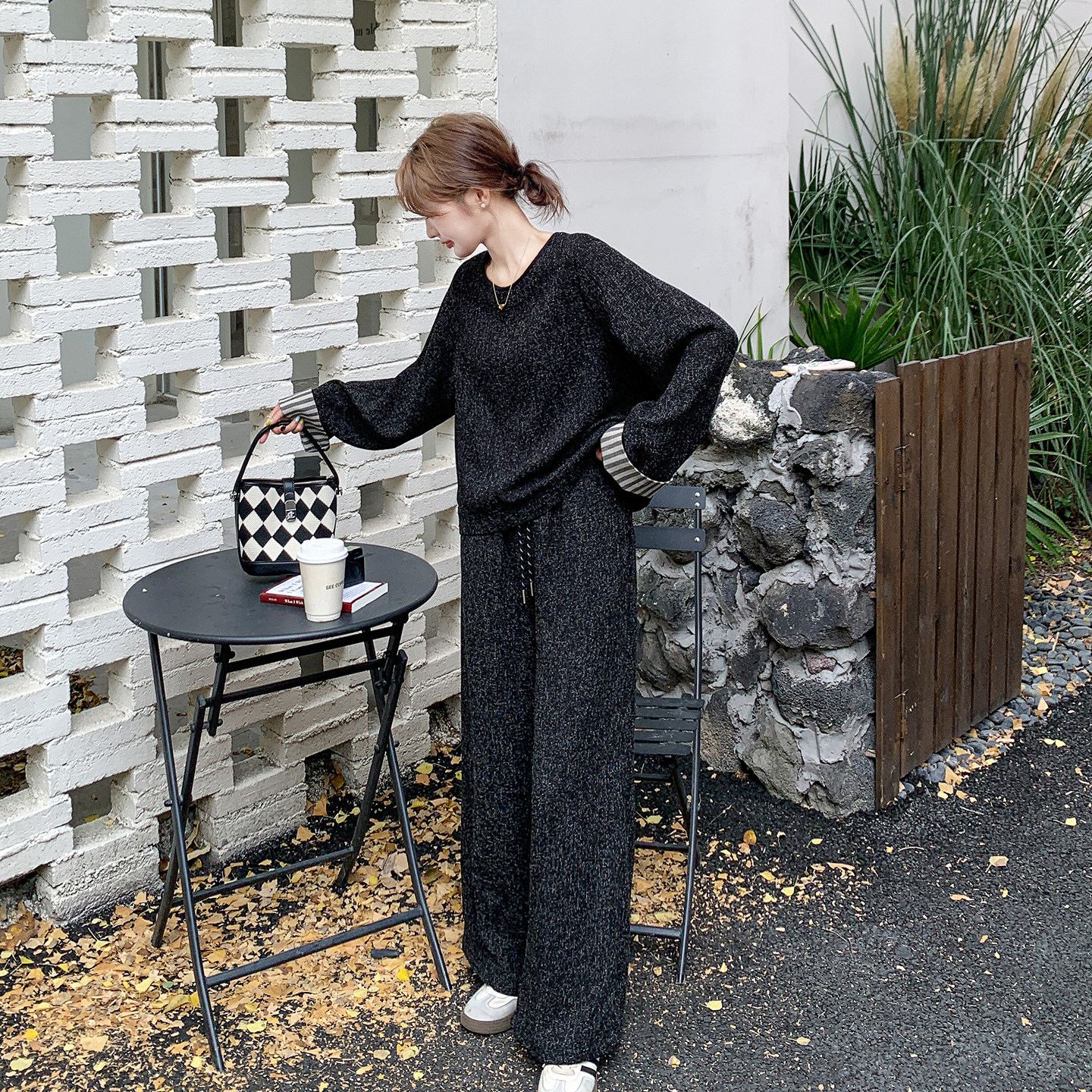 2.7韩系慵懒风黑色卫衣套装女春季宽松阔腿裤两件套198/218