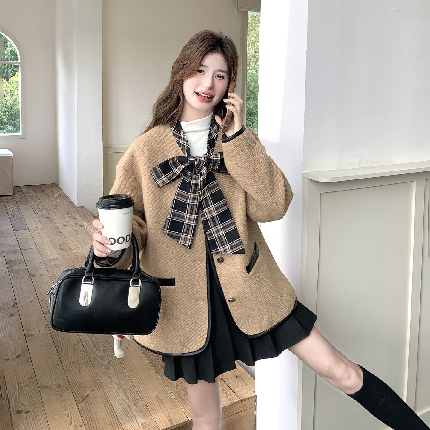 卡其色甜美减龄文艺范外套女小个子2026春新款韩式系带蝴蝶结上衣