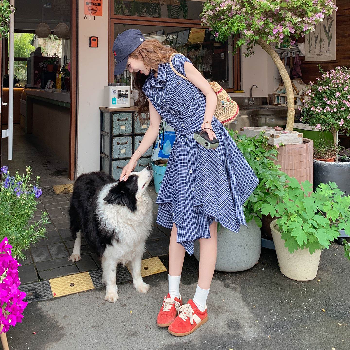 藏青色日系减龄少女感格纹连衣裙2026新款夏日收腰显瘦元气衬衫裙