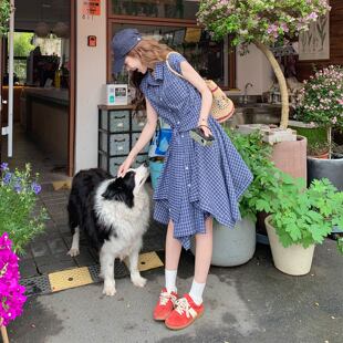 藏青色日系减龄少女感格纹连衣裙2026新款夏日收腰显瘦元气衬衫裙