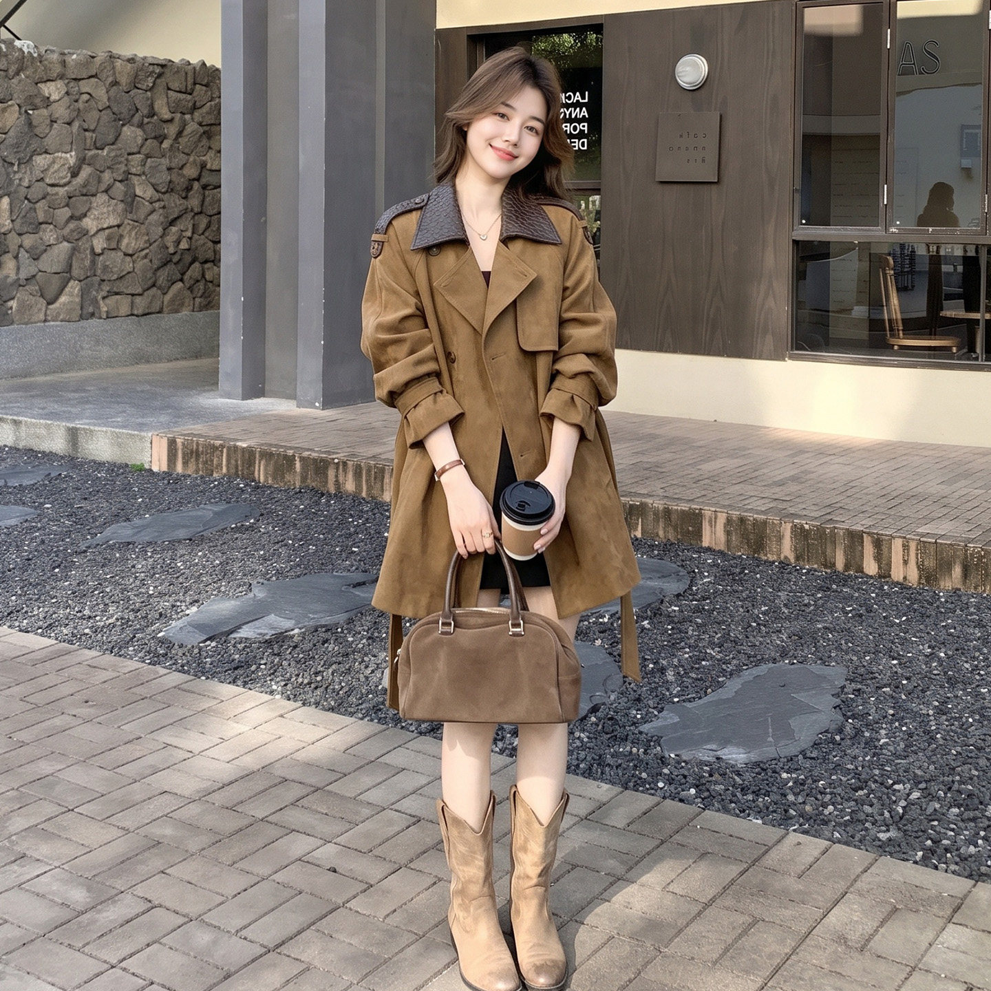 复古风双排扣麂皮风衣女中长款
