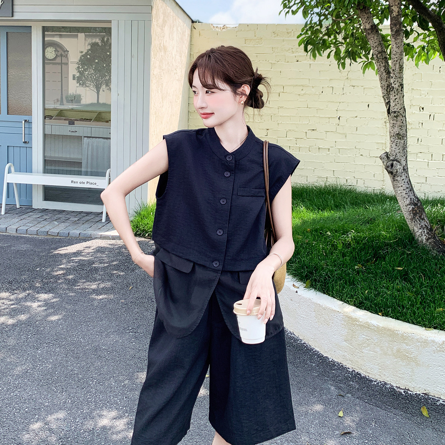 藏青马甲阔腿裤两件套女夏