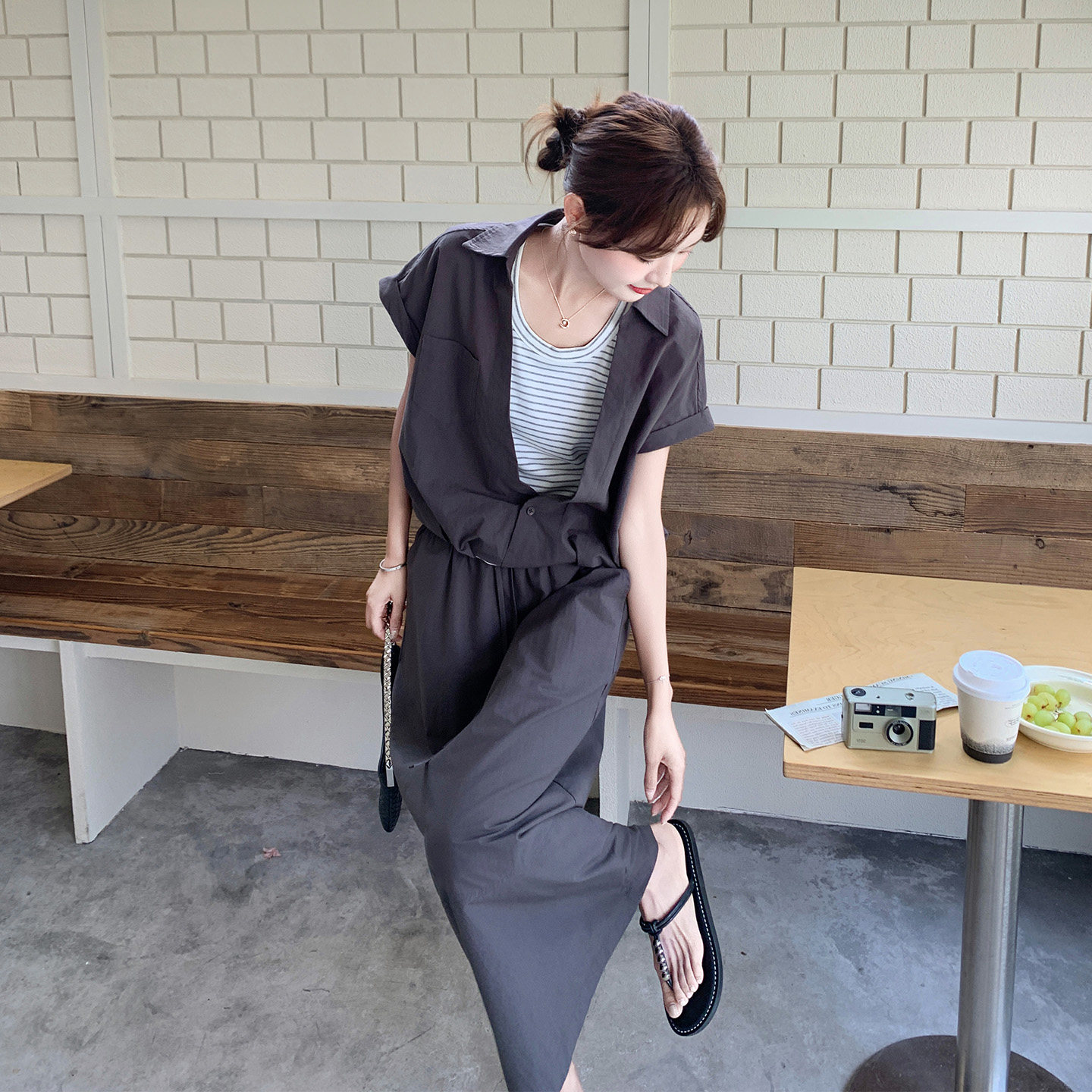 韩版休闲通勤一整套穿搭女2026初夏新款假两件条纹上衣半身裙套装