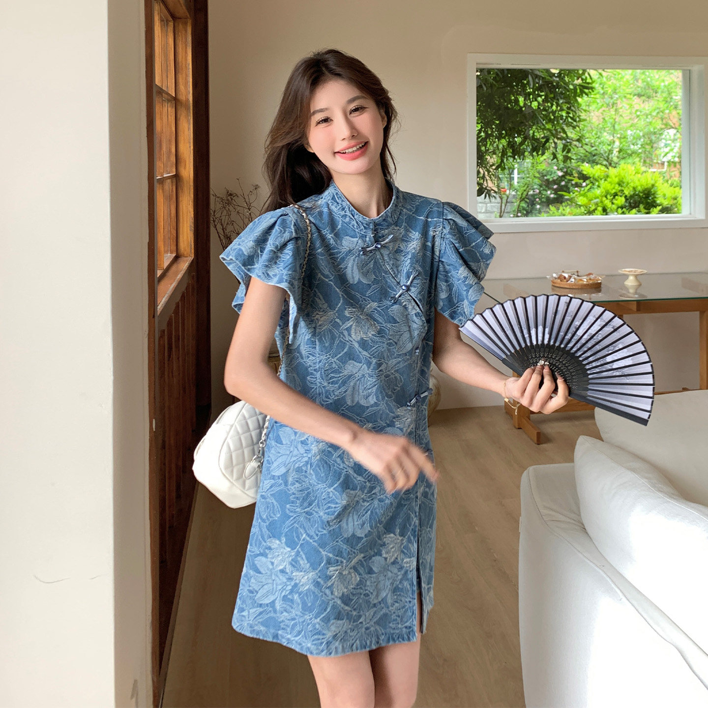 蓝色高级感国风提花牛仔套装女2026夏新款盘扣改良旗袍短裤两件套