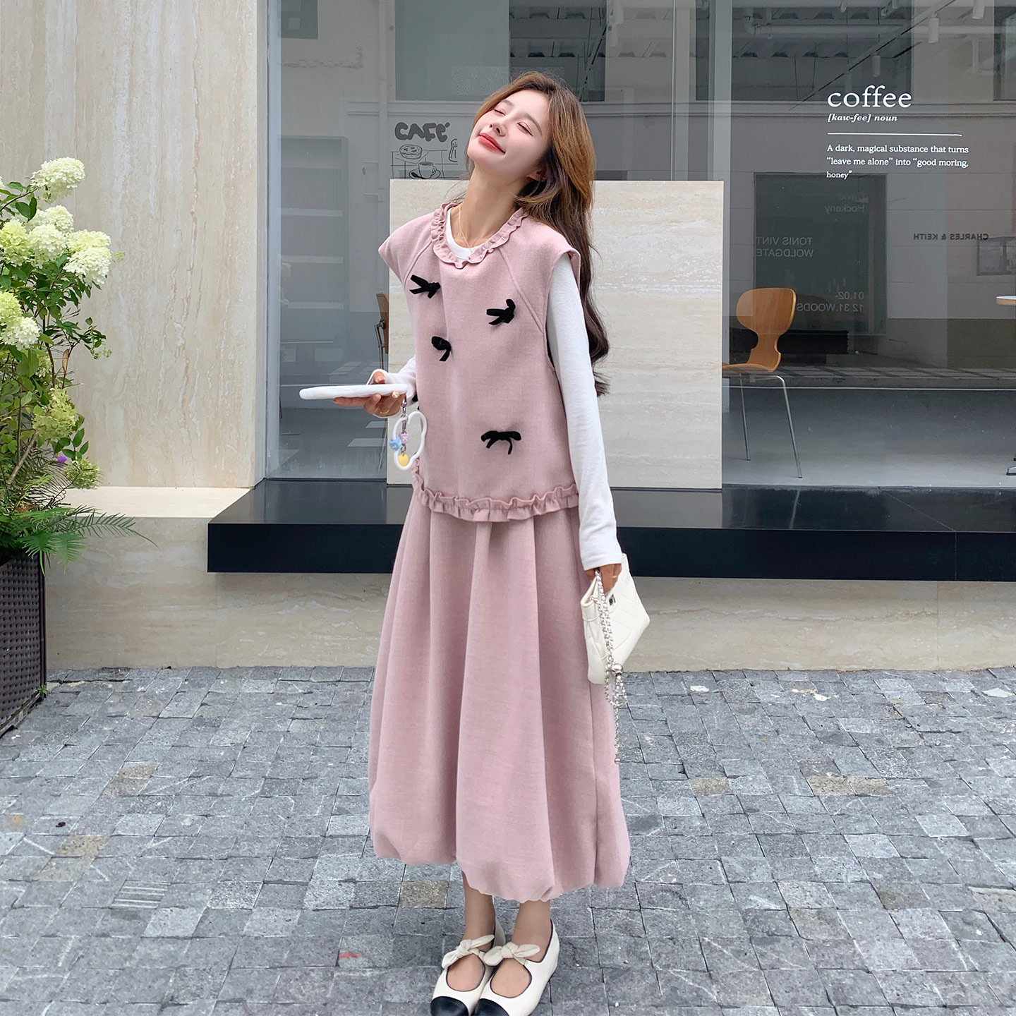 粉色俏皮减龄甜美风两件套女2026新款蝴蝶结针织马甲半身裙套装秋