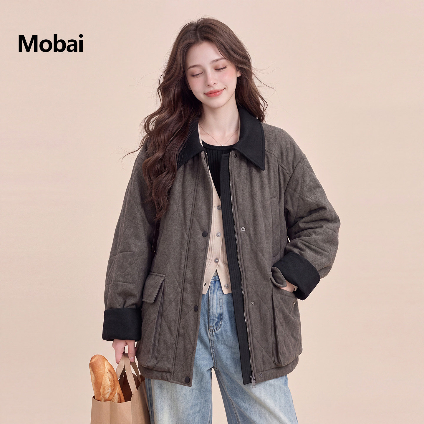 女冬撞色翻领工装加厚保暖棉服