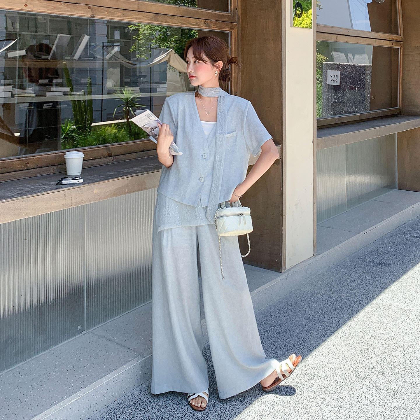 韩版时尚松弛感职场套装女2026新款夏日短袖西装外套阔腿裤两件套