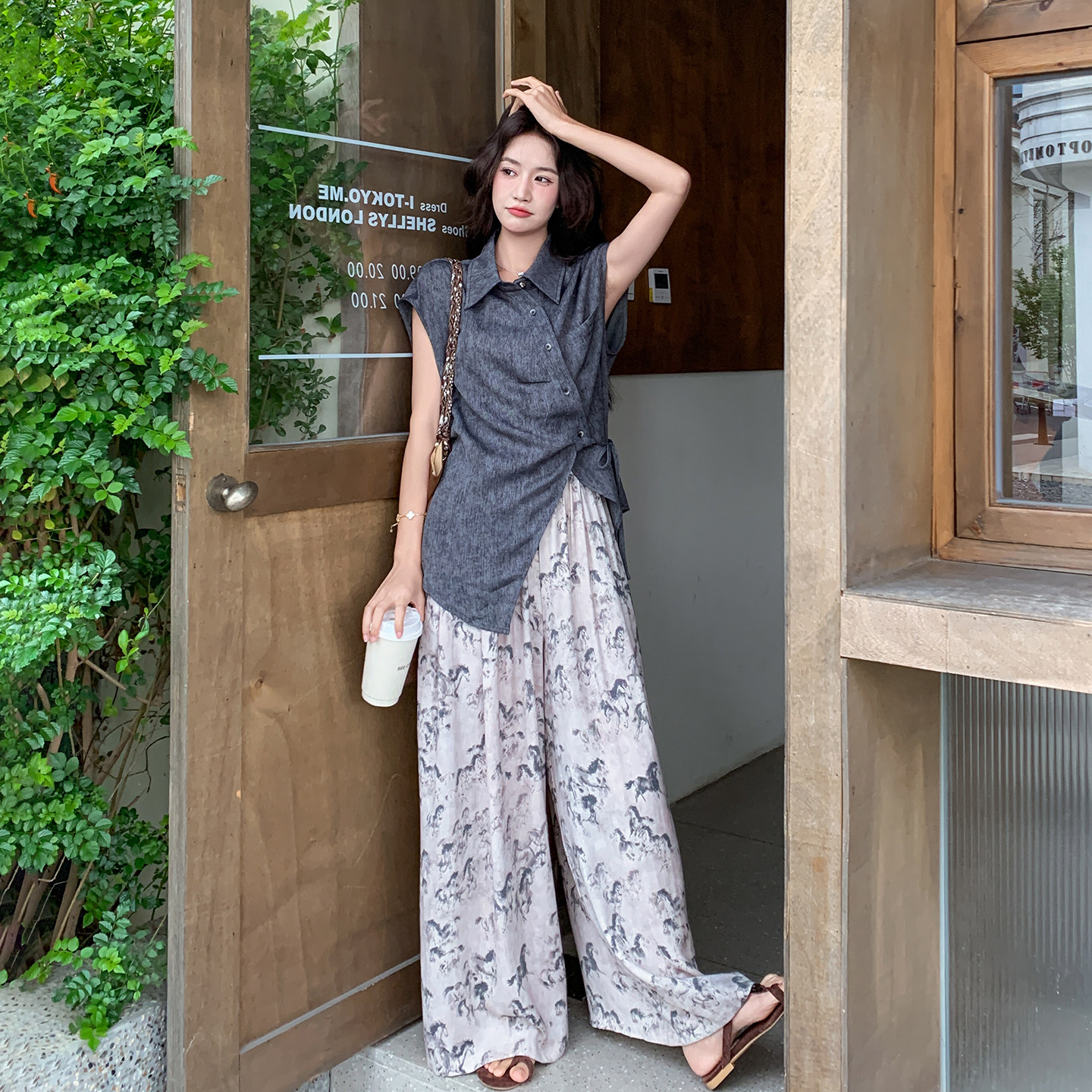 新中式禅意风穿搭女2026新款夏日不规则上衣水墨印花阔腿裤两件套