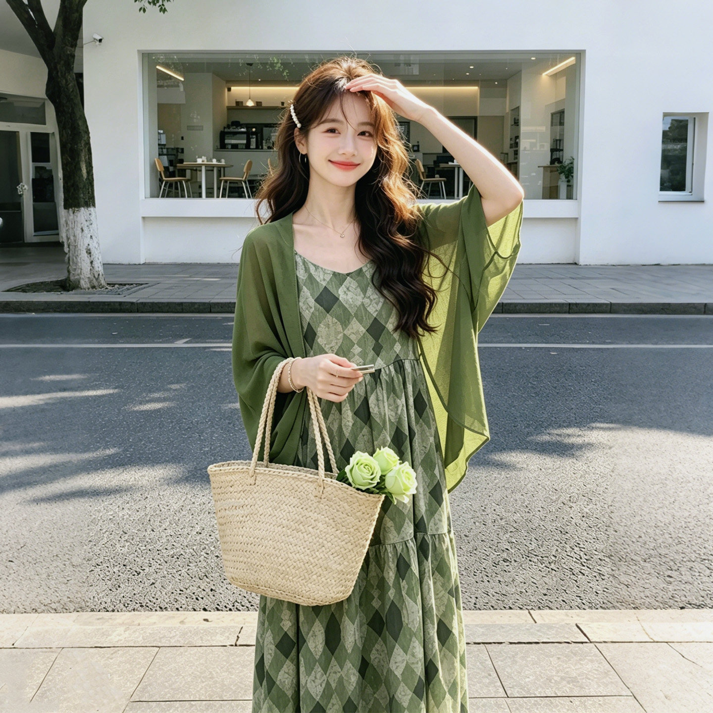 绿色吊带连衣裙女长袖两件套