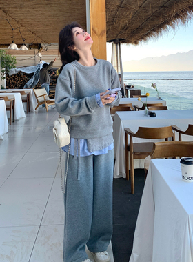 灰色慵懒风格子拼接卫衣套装女2026春设计感休闲运动阔腿裤两件套